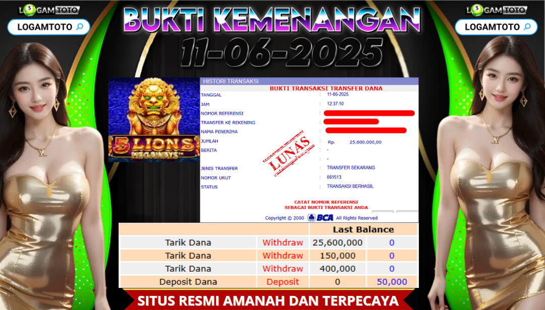 SELAMAT KEPADA MEMBER SETIA LOGAMTOTO BERHASIL JACKPOT DI PERMAINAN SLOT 5 LIONS